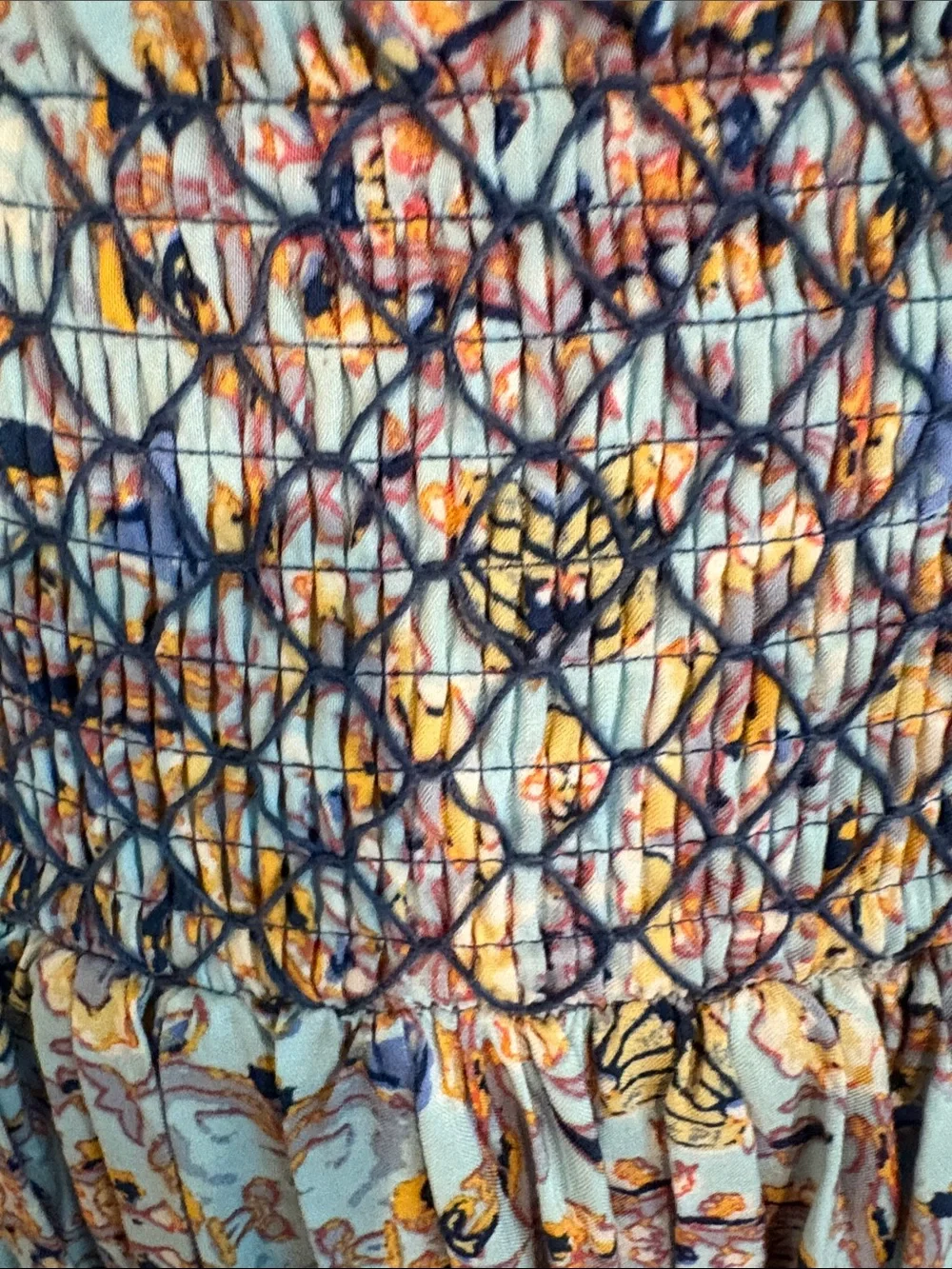 Free People Bohemian Blue Floral Tiered handkerchief hem Maxi Skirt. Lined Sz S